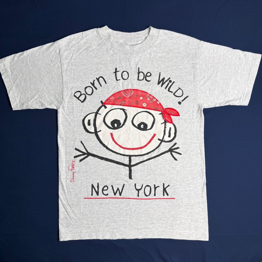 Vintage USA Danny First Born To Be Wild New York T-Shirt Gray 3D Graphic S/M